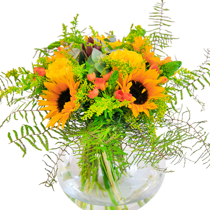 This bouquet radiates golden energy and the timeless charm of Golders Green, its sunflowers beaming like little suns against the soft, neutral backdrop. Each sunflower, crowned by a deep mahogany disc and enveloped in golden-yellow petals, stands tall among garden roses of buttery yellow, their blooms tightly furled in elegant spirals. The roses' plush texture contrasts with clusters of shiny red hypericum berries-adding vitality much like the mosaic of cultures and colours seen along Golders Green Road. Beneath these bold blooms, a tapestry of greenery unfolds: airy fern fronds that cascade softly, delicate branches of solidago dotted with yellow, and slender flower spikes adding quiet rhythm to the whole. Hints of eucalyptus glimmer with a silver-blue tone, their aroma drifting lightly in the air. Arranged in a sparkling, round glass vase that reveals every vibrant, water-soaked stem, the bouquet's design feels modern and artful yet rooted in floral tradition. It evokes the sense of a sunny walk through Golders Hill Park or an impromptu family gathering. With its gentle interplay of scent, texture, and colour, this arrangement is perfect for brightening birthdays, anniversaries, or any moment where a touch of joy feels right at home in Golders Green. Thoughtfully prepared by local hands, it's a testament to natural beauty and the heartfelt artistry found every day in this welcoming North West London neighbourhood.