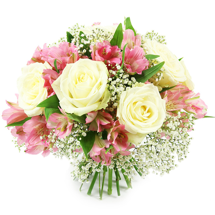 Displayed against a clean white background, this elegant bouquet features a carefully balanced mix of creamy white roses, pink alstroemeria, and airy white baby's breath, arranged in a compact, domed shape that speaks of experienced florist craftsmanship. The roses are full and luxurious, with gently cupped blooms that show layer upon layer of ivory and cream petals, some with centers glowing a faint buttery yellow. Between these classic blooms, alstroemeria in shades of soft blush and vivid fuchsia emerge on branching stems, offering clusters of multiple flowers per stalk. Their petals are slender and slightly flared, patterned with fine streaks and speckles of deeper pink, which add texture and movement to the composition. Scattered throughout the bouquet, tiny Gypsophila blossoms form delicate white clouds, providing a soft counterpoint to the more substantial roses and lilies. Around the base and nestled between flowers, dark and mid-green leaves lend a fresh, garden-like feel, echoing the greenery you might see along the streets between Golders Green station and Hampstead Garden Suburb. The stems are neatly cut to a uniform length and bound together, plainly visible at the bottom, revealing a true hand-tied design ready for a vase on a dining table or office desk in NW11. Bathed in bright, neutral light, every detail-from the velvety rose petals to the fine gypsophila sprays-is clearly defined. The bouquet conveys warmth, purity, and affectionate cheer, making it suitable for birthdays, anniversaries, thank-you gifts, or a comforting delivery to homes overlooking nearby Golders Hill Park.