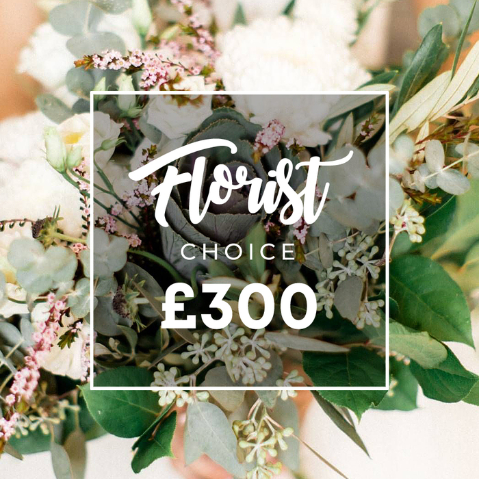An opulent, hand-tied bouquet dominates the frame, with white and cream full-petaled blooms forming the heart of the arrangement-roses, ranunculus, or gardenias-interwoven with pale pink spray roses and soft filler blossoms. The greenery is lush and varied: long olive branches arch like graceful arms, and silvery eucalyptus leaves with their distinctive round shapes provide a cool, frosted backdrop. Tiny white-green berries dot the foliage, catching the light. The overall mood is natural, slightly rustic, yet refined-perfect as a wedding centerpiece or a premium gift. A crisp white rectangular frame overlays the arrangement, with the word 'Florist' in a graceful script and 'CHOICE' in uppercase sans-serif, and beneath it a large '?300' in bold white. The background is softly blurred with warm peach tones, ensuring the blooms remain the focal point. This image likely serves as a product photo for a high-value bespoke bouquet, curated by a local florist for delivery to Golders Green and the surrounding districts. It hints at a craftsman's hand-the stems are arranged with space and movement to breathe, allowing scent and texture to mingle in the air. For clients seeking a statement piece for anniversaries, celebrations, or thoughtful generosity, it promises premium quality, enduring freshness, and a touch of rustic-chic elegance rooted in the neighbourhood.