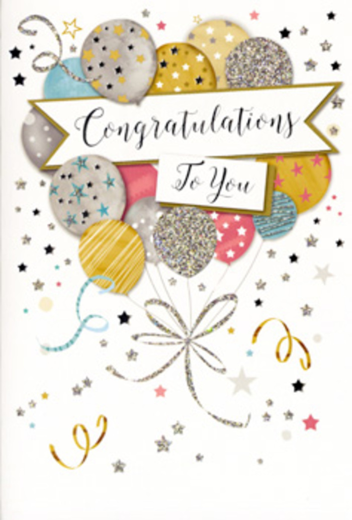 The congratulations card pictured here looks like a miniature party captured in still life, the sort of design you might slip into a hand-delivered bouquet heading to a home near Temple Fortune. Dominating the centre is a lush cluster of balloons, layered in front of one another to create depth and the illusion that they are lifting off the page. The colour palette is refined yet playful: muted golds and silvers, soft champagne, airy sky blue, warm blush pink, and touches of misty grey. Each balloon wears its own celebration attire-fine glittering bands, tiny scattered stars, and shimmering, metallic speckles that catch the light much like evening reflections in nearby Hampstead's shop windows. Their smooth, rounded shapes have a gentle sheen, suggesting glossy printed ink with a hint of raised texture. Slender ribbons in gold and silver tumble from each balloon, curling and twisting at the base in a neat, decorative knot, reminiscent of the careful finishing touches we add to celebratory arrangements in our Golders Green studio. All around this balloon bouquet, small metallic stars, confetti-like dots, and delicate swirls drift across a soft, neutral background, giving the impression of confetti slowly settling after a joyous announcement. Across the middle, a refined banner stretches out, bearing the words Congratulations To You in sweeping, ornate calligraphy, the lettering slightly elevated, as if embossed. The composition feels poised and polished, yet full of warm emotion-perfect for honouring graduations, new homes, promotions, or personal achievements celebrated quietly in flats and houses along Golders Green Road, Finchley Road, and the surrounding streets.