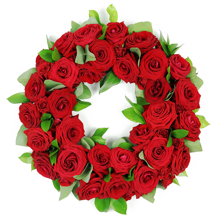 A deeply symbolic and visually striking circular wreath, meticulously crafted from dozens of vibrant, deep red roses, rests against a pristine white background. The wreath is densely packed, showcasing a lush, opulent array of crimson blooms in various stages of opening, from tightly furled buds to elegantly unfurled, velvety petals, each displaying rich, saturated hues and intricate folds. These abundant red roses, traditionally symbolizing love, remembrance, and respect, create a continuous, unbroken ring. Interspersed throughout the rich tapestry of red are clusters of fresh, glossy green foliage. Some leaves are broad and rounded, possibly eucalyptus, while others are slender and pointed, offering a beautiful, verdant contrast that enhances the natural beauty and depth of the arrangement. The careful arrangement gives the wreath a full, three-dimensional quality, with layers of petals and leaves subtly overlapping. This elegant red rose wreath conveys a profound message of solemn beauty, heartfelt emotion, and enduring tribute. It is a powerful visual element, often associated with memorial services, funeral arrangements, expressing deep sympathy and condolences, or honoring significant anniversaries and commemorations. The striking combination of passionate red and serene green, set against a pure white backdrop, makes this floral wreath a poignant representation of remembrance and a gesture of profound respect. The details-the velvety texture of each rose, the soft sheen of the leaves, the thoughtful spacing-reveal the skill of a local florist who understands how to balance abundance with restraint, how to create a piece that will photograph beautifully for memorial features and articles about compassionate remembrance in the Golders Green area, including nearby streets such as Finchley Road and North Finchley, where families seek lasting tributes.