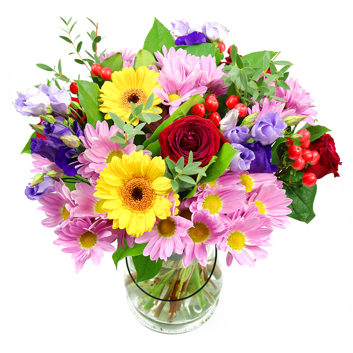 A lush, celebratory bouquet fills a clear glass vase, its colours glowing vividly against a plain white background that mimics gentle daylight streaming through a Golders Green townhouse window. At the centre, sumptuous deep red roses draw the eye, their velvety petals unfurling in tight, romantic spirals that suggest affection and heartfelt sentiment. Embracing these roses are two bright yellow gerberas, their broad, daisy-like petals radiating outward from warm brown-orange centres that add a playful, graphic punch. Surrounding them is a generous collar of soft pink daisies or chrysanthemums, each bloom formed by many slender petals encircling a tiny yellow centre, giving the arrangement a feathery, cloud-like fullness and a charming, informal grace. Woven throughout are slender stems of purple and lavender lisianthus, their softly flared, bell-shaped flowers introducing cool tones and a refined elegance, much like the calm, cultivated borders you might admire in nearby Golders Hill Park. Dotted among the petals, clusters of bright red hypericum berries catch the light with a gentle shine, lending a modern texture and a hint of festive cheer. Layers of foliage-from deep, glossy dark-green leaves to lighter, airy sprigs-frame and support the blooms, adding movement and a sense of natural abundance, as though freshly gathered from a well-tended garden. Through the transparent vase you can clearly see the carefully cut stems and sparkling clean water, evidence of a skilled florist's hand. Designed to convey happiness and warmth, this bouquet would make an ideal birthday gift delivered across Golders Green, a radiant thank-you after a dinner on Hoop Lane, or a charming centrepiece for an intimate gathering at home.