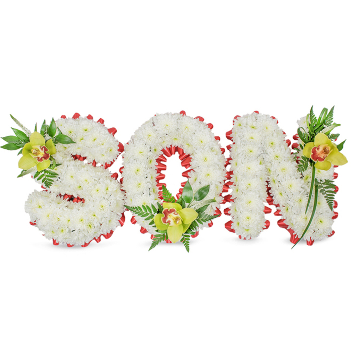 On a crisp white backdrop a personal memorial has been lovingly assembled to spell SON in three-dimensional letter forms made entirely from small, pure-white chrysanthemum heads. The chrysanthemums are placed so tightly that each letter appears sculpted - a soft, cloud-like mass with a tactile surface meant to be read at a distance and admired up close. Encircling every edge and curving through the hollow of the O is a continuous scalloped ribbon of vivid red, the folded loops adding definition and a restrained, almost ceremonial flourish. Each letter bears a single grouping of lime-green Cymbidium orchids: one sits in the upper left of the S, another rests within the lower centre of the O, and a third punctuates the upper right of the N. These orchids, with their yellow-green petals and warm reddish-brown throats, offer a satiny sheen and a subtle fragrance that contrasts with the cool, powdery scent of the chrysanthemums. Complementing the composition are lush green leaves and delicate fern fronds that trail and rise, introducing softness and a natural silhouette that prevents the piece from feeling too architectural. The lighting is soft and even, the kind of gentle illumination you'd expect in a crematorium chapel or a quiet room where family members gather; it brings out the depth of the foliage and the tender blush in the orchids' centres. This arrangement is intended as a dignified tribute for a beloved son - an heirloom-quality floral message of remembrance suitable for memorials in Golders Green, near Hoop Lane or the crematorium gardens.