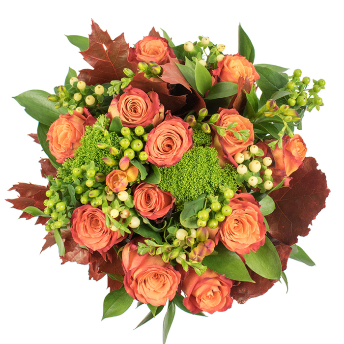 A top-down study in autumn warmth, this full, circular bouquet balances classic roses, playful berries, and unexpected greenery with the assured hand of a local florist from Flowers Golders Green. The focal roses-fully blown and generously sized-move in a palette from pale peach toward coral and deep orange, their outer petals brushed with a russet-red that mimics late-season leaves. Bright, lime-green Hypericum berries and softer creamy-yellow berries cluster between blooms, offering a contrast of shape and sheen that catches the eye. Interwoven are knotty heads of green Trick dianthus-soft, almost cushion-like mounds that read as living moss and add an architectural, modern texture to the arrangement. Deep, lobed leaves in shades of burgundy and brown are placed like small fall accents, grounding the palette and echoing the tones seen in local streets and parks near Golders Green station. A variety of glossy and matte foliage provides volume and a natural backdrop, making the bouquet feel lush and intentionally abundant. The scent is subtle: rose warmth over a green, earthy base, conjuring images of damp paths and comforting interiors on a cool afternoon. The lighting in the photograph is soft and even, highlighting petal edges, the waxy berry surfaces, and the velvety texture of the green Trick without harsh shadows. Thoughtfully composed and dense with seasonal character, this arrangement is a refined yet cozy choice for Thanksgiving tables, autumn weddings, or as a heartfelt gift delivered around Golders Green and nearby Finchley.
