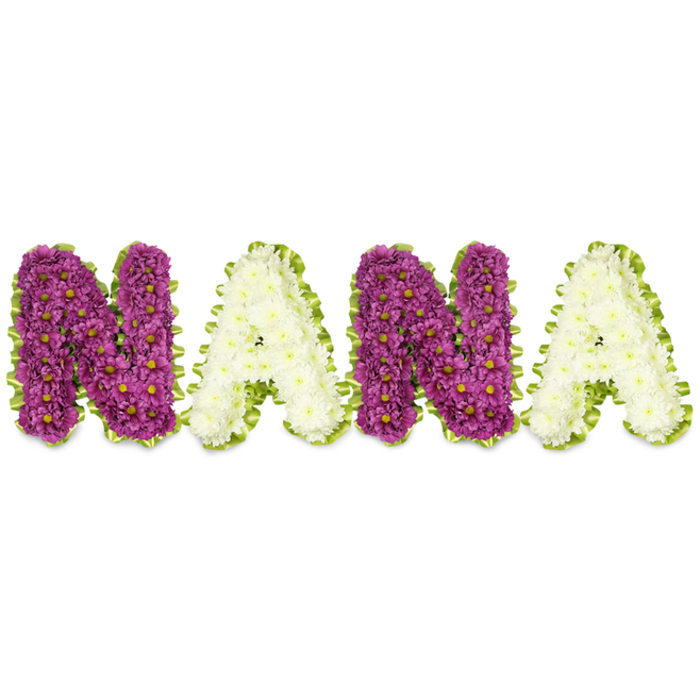 Presented against a pristine white background, this bespoke sympathy arrangement spells out NANA in substantial, three-dimensional letters built from hundreds of small chrysanthemum-style blooms. The sequence alternates between two letters of deep magenta or plum chrysanthemums-each tiny head tipped with a small yellow center-and two letters of pure creamy-white chrysanthemums, creating a clear, respectful contrast. Each letter is edged with a bright lime-green border, likely pleated ribbon or tightly packed foliage, that both frames the floral clusters and provides a livelier, natural accent to the otherwise restrained palette. The textured surface is densely floral, giving a sculpted, almost cushioned look that reads as both formal and tender; the workmanship is deliberate so the word remains legible when arranged on an easel or displayed at a service table. Light plays softly across the petals, the darker blooms offering depth and the white flowers reflecting a cool, serene glow-together they produce an atmosphere of calm remembrance rather than showy display. Crafted by knowledgeable hands familiar with local customs, this tribute is ideal to honour a grandmother at a funeral, wake, or graveside ceremony, and can be delivered with discreet care across Golders Green and neighbouring streets near Hoop Lane, Finchley Road and Golders Hill Park. For families seeking personalised memorial pieces, Flowers Golders Green can recreate this design with attention to colour balance and floral freshness to match the tone of the service.