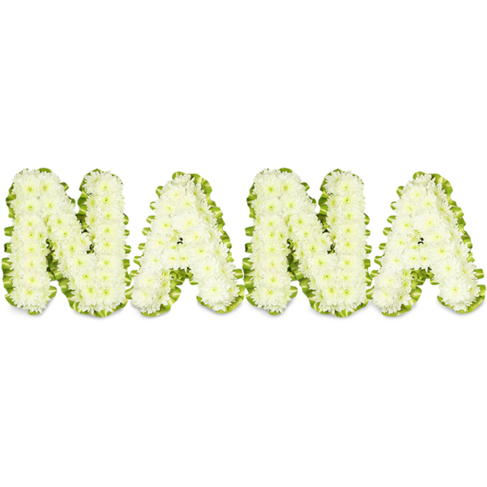 A carefully constructed sympathy tribute visually spells out NANA in large, sculptural letters made entirely of immaculate white chrysanthemums, set against a plain white field that keeps attention on the floral artistry. Each letter is composed of scores of small, rounded chrysanthemum heads packed tightly to form a soft, textured surface reminiscent of crushed silk or clouded petals; the cluster work creates slight shadows between blooms, giving the letters a substantial, almost architectural presence. A vibrant band of green-assembled from fresh foliage and a neat ribbon trim-outlines the perimeter of every character, the saturation of the green sharpening the readability of the name while introducing a natural, hopeful accent. The bright yet gentle lighting in the image brings out the freshness of the flowers and highlights the meticulous craftsmanship involved: stems wired and packed, blooms selected for uniformity, and edges finished so the tribute reads clearly from a distance. Intended as a mark of respect for a cherished grandmother, this arrangement suits formal memorial settings, graveside services, or visitation rooms close to Golders Green Crematorium or local community churches. The colour story-pure white and lively green-speaks of peace, dignity, and the quiet endurance of love. As a local florist would note while arranging a delivery for families on Hoop Lane or Golders Green Road, the piece is designed to console, to be read easily by mourners, and to stand as a sincere, crafted expression of remembrance.