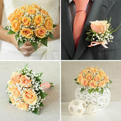 This four-part photographic set reads like a short story about texture, colour and quiet joy, centred around a warm palette of peach-orange roses, soft white gypsophila and verdant green foliage. In the top-left picture a bride holds a perfectly rounded bouquet: the apricot roses are lush and layered, their petals unfurling in soft spirals while tiny white filler flowers drift like delicate confetti between them; the leaves add a crisp green frame that makes the peach tones glow against her ivory gown. The top-right close-up shows a groom's tailored charcoal or navy jacket, where a single peach rosebud boutonnière is carefully secured with a small peach ribbon bow, complemented by a coral-hued tie and crisp white shirt - a detail that speaks of considered coordination. At bottom-left the same bouquet lies gently on a pale, textured fabric, offering a different viewpoint of its compact silhouette and the stem wrap, a white ribbon patterned with faint peach dots that hints at personalised styling and comfort for the bride to hold. The bottom-right image reveals a reception element: a full, domed arrangement of peach roses and gypsophila seated in a white, woven spherical vase, softened by two smaller woven orbs placed in front, creating a cohesive table vignette suitable for intimate venues around Finchley Road or the leafy lanes near Golders Green. The lighting feels like soft morning or late afternoon sun, the scent imagined as subtly sweet and powdery - a wedding look that balances romance, warmth and disciplined floral technique, often requested for local ceremonies and small receptions.