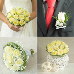 This hand-tied bridal bouquet rests on a pale linen surface, its soft palette of ivory and gold-tinted roses giving it an air of understated luxury perfectly suited to a Golders Green wedding. The roses are carefully clustered into a rounded shape, each bloom unfurling in velvety layers that move from creamy white at the outer petals to a gentle, honeyed glow at the centre. Between them, filigree sprays of baby's breath weave in and out, their tiny white blossoms forming a gauzy, cloud-like texture that lightens the arrangement and adds a modern, airy touch. Swirling green leaves wrap around and through the bouquet, some forming loops that create movement, others lying closer to the stems, giving depth and a fresh, garden-picked feel, as if the flowers had just come from a quiet garden behind a house near Temple Fortune. The stems are gathered tightly and wrapped in a pale ribbon adorned with tiny beads, the texture of the beads inviting the hand to linger-cool, smooth, and subtly sparkling as they catch the light. The bouquet is neither rigid nor messy; instead, it strikes a balance between structure and looseness that feels natural, something a bride might carry as she walks along Golders Green Road toward her ceremony. The overall impression is romantic and genuine, with the gentle fragrance of roses and greenery rising softly, never overpowering. This is the kind of bouquet that suits both elegant synagogue weddings and intimate civil ceremonies, fitting effortlessly into the streets and venues of North West London while carrying a timeless sense of promise and joy.