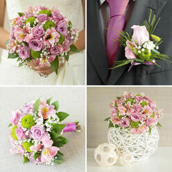 This four-part wedding collage captures a harmonious floral story in soft pinks, lavenders, and fresh greens, as though styled for a chic celebration in and around Golders Green. In the upper-left frame, a bride's white lace bodice is just visible while she holds a full, rounded bouquet close to her waist. Layers of light pink and lilac-toned roses, some in tight buds and others fully unfurled, mingle with bright green button chrysanthemums, pale pink alstroemeria flecked with yellow, and delicate tufts of white baby's breath. The blooms sit against deep green foliage, creating a lush, romantic texture that feels both modern and timeless. The upper-right panel moves in close to a charcoal grey suit jacket, where a single blush rosebud becomes the star of a compact boutonniere. It is framed by miniature green chrysanthemums, lace-like gypsophila, and slender blades of grass, all finished with a neatly wound pink ribbon that echoes the rich fuchsia tie-an elegant touch for a groom heading to a ceremony near Golders Hill Park. In the lower-left, the bouquet is laid horizontally on a soft beige, linen-like fabric, allowing the viewer to appreciate the craftsmanship of the hand-tied stems wrapped smoothly in fuchsia ribbon, the heads of the roses and chrysanthemums spilling forward in a gentle curve. Finally, the lower-right image shows the same colour palette reimagined as a stylish table centrepiece: a rounded cluster of roses, green chrysanthemums, pink alstroemeria, and baby's breath nestled into a decorative white lattice sphere. Two smaller woven orbs sit beside it, creating a serene, coordinated table setting ideal for wedding receptions across Golders Green.