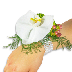 Like a small poem pinned to the wrist, this corsage pairs architectural simplicity with tender detail. A pristine white Phalaenopsis orchid crowns the arrangement; its broad, luminous petals open like a calm face and its central labellum glows with a precise wash of bright yellow melting into a richer orange, an intimate punctuation of colour. Beneath and around the bloom, airy asparagus-fern fronds spread in a soft halo of vibrant green, their lace-like texture creating gentle shadows against the white background. Nestled beside the orchid is a tight cluster of Hypericum berries, their glossy skins graduating from pale green through blush to deep cranberry-each berry catching the light differently and suggesting careful seasonal selection. Small ruffled lime-green accent leaves add a lively counterpoint, bringing a modern freshness to the palette. The corsage is secured by multiple strands of small white pearls that encircle the wrist with quiet sparkle; their cool, tactile surface suggests an heirloom quality while keeping the design delicate and wearable. The image is lit with clear, neutral light so every surface-from the orchid's satin petals to the fern's fine filigree and the berries' sheen-is readable. The overall mood is one of serene romance and expert craft, a floral accent that fits both prom nights and understated wedding mornings, evoking Golders Green's leafy streets near Hoop Lane and the calm of a walk toward Golders Hill Park.
