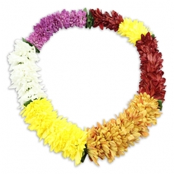 Against a spotless white backdrop, a multicoloured floral lei forms a complete, peaceful oval, like a soft halo meant to rest beside a photograph or urn at a memorial gathering. Each bloom is full and cushiony, with layered petals akin to chrysanthemums or small carnations, packed so closely that the garland looks almost plush to the touch. The colours flow around the ring in thoughtfully arranged bands, moving in a calm, meditative sequence. Starting from the top left, the lei begins in deep, contemplative purple, then gently eases into a tranquil run of pure white, before brightening into a hopeful, lemon-yellow glow. This light yellow deepens into richer, golden tones that recall late-afternoon sunshine over the streets near Golders Green station, then progresses to a sombre yet comforting stretch of maroon and reddish-brown. A last arc of bright yellow closes the circle, symbolising light returning after loss. Between some of these colour shifts, tiny hints of dark green fabric leaves peek through, creating delicate pauses in the palette and imitating the natural look of hand-tied blooms. The lei is clearly crafted from quality artificial flowers, each head evenly shaped and consistently coloured, ideal for services where a lasting tribute is needed-perhaps laid on a casket, easel, or remembrance table in a chapel near Hoop Lane. A faint shadow on the white surface gives the arrangement dimension without disturbing its calm simplicity. Overall, the image blends the joyful tradition of Hawaiian garlands with the reverent mood of funeral tributes, suggesting both welcome and farewell in one continuous, embracing loop.
