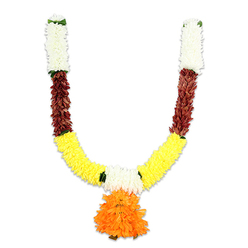 This U-shaped ceremonial garland is described here with a florist's eye - precise, tactile and quietly affectionate - photographed against a stark white backdrop so every colour band and layered petal is easy to read. At the top of each arm a compact column of creamy, almost snowy blooms suggests small chrysanthemums or dense carnation heads; these pale sections are the calm entrance points where the garland might be affixed to a lintel. Immediately beneath them, a deep reddish-brown interval introduces a grounding warmth: textured, petal-like discs that look like compacted dried foliage or handcrafted dupion silk pieces dyed to a terracotta hue. The garland then curves into a generous sweep of bright, golden yellow - a dense, fluffy expanse that faithfully evokes marigolds, their rounded pom-poms lending the piece a celebratory buoyancy and dense fullness. Deliberate green touches appear at the junctions between segments, acting like tiny leafy pauses that break the colour rhythm and lend authenticity. Hanging centrally from the lowest point is a substantial, layered orange pendant - ruffled, multi-tonal and volumetric - the traditional focal point that draws the eye and anchors the whole composition. The artificial materials are evident in the consistent volume and durability suggested by the photograph, yet the craft aims to replicate the silkiness and tactile weight of real flowers; one can imagine the soft, faintly sweet scent one associates with floral garlands, though this piece is made to last. As a local example of enduring festive decor, this toran would sit comfortably on doorways or altars in Golders Green households or at community gatherings near Golders Hill Park, signalling welcome, devotion and celebration.