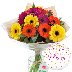 A studio-style photograph captures a joyful gerbera daisy bouquet and balloon pairing, the sort of gift you might send to a beloved mum living near Golders Green station or along Finchley Road. The arrangement is composed of about a dozen large gerbera heads, each bloom fully open and symmetrical. Their rounded petals form neat circles of colour in vibrant shades of bright lemon yellow, glowing orange, and saturated magenta, all centred by contrasting dark eyes that add structure and depth. Sprigs of rich green foliage weave between the flower faces, softening the outline and giving the bouquet a fresh-from-the-market feel, reminiscent of weekend strolls to local shops around Temple Fortune.   

The flowers are gathered into a hand-tied bundle, their stems cut to an even length and wrapped in textured brown kraft paper that folds naturally around the blooms. A layer of clear cellophane encases the paper, catching subtle reflections from the studio lights and hinting at professional florist care. Natural-coloured twine secures the stems in a tidy bow, and a slim, clear glass vase holds the bunch upright, revealing the clean green stems resting in clear water. To the right of the vase, a round white foil balloon adds a playful, celebratory note. Its surface is sprinkled with irregular dots of gold and various pink tones, with tiny hearts dotted among them, like scattered confetti. At the balloon's centre, the handwritten-style words "best Mum" appear in flowing pink script, giving the entire scene a warm, appreciative tone. The image radiates affection and happiness, perfectly suited to illustrate a Mother's Day flower delivery or a heartfelt thank-you gift ordered from a local Golders Green florist.