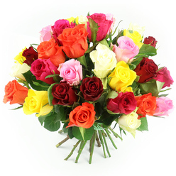 A lavish dome of freshly gathered roses fills the frame, the bouquet displayed against a spotless white background so that every colour and petal detail is clearly defined. The roses are densely packed, forming an abundant, rounded mass where reds, yellows, pinks, oranges, creams, and bright fuchsias melt into one another like brushstrokes in an oil painting. Deep crimson and ruby tones lend richness, while sunny yellows and glowing oranges add a playful, upbeat spark, softened by blush and pale pink roses that bring tenderness to the mix. Here and there, ivory and cream blooms introduce a quiet, calming lightness, preventing the arrangement from feeling too intense. Dark, glossy green leaves peek from between the blossoms, framing the central cluster and giving the impression of freshness you might associate with an early-morning delivery arriving in Golders Green from a local flower stall. Beneath this colourful canopy, the long green stems are drawn neatly together and tied with a green and white check ribbon, its simple checked pattern echoing a homely, countryside charm. The bouquet rests lightly on the white surface, the stems splaying slightly at the base, suggesting a natural, hand-tied design rather than something rigid or formal. Soft, bright lighting creates gentle highlights on the petals, enhancing their velvety texture and subtle colour gradations. The overall feeling is joyful and welcoming, perfect for brightening a flat near Golders Green station, celebrating a special dinner at home, or sending a warm, affectionate message across the local NW11 community through a generous, colourful rose bouquet.