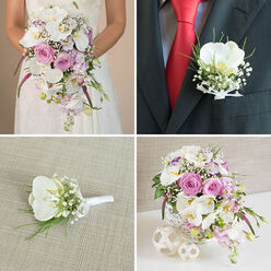 This four-image wedding collage presents a cohesive floral story, as though following a couple from their vows in a Golders Green synagogue to an elegant reception nearby. In the top left frame, the bride's white lace gown forms a delicate backdrop for a dramatic cascading bouquet she cradles at her waist. The bouquet spills with white phalaenopsis orchids, their yellow centres catching the light, nestled among blush pink garden roses, pale lavender stock, and clouds of baby's breath, all softened by trailing greenery. Deep pink, almost fuchsia, spiky accent flowers provide a striking contrast, giving the arrangement energy and movement as it drapes downward like a waterfall of petals. Top right, the groom's boutonnière is photographed in close detail against the charcoal or black lapel of his suit. A vivid red tie and patterned dress shirt peek out beneath, while a single flawless white phalaenopsis orchid is framed by tiny gypsophila blooms and slim green stems, wrapped neatly with a white satin ribbon. The design mirrors the bride's bouquet, reinforcing a sense of unity between the couple. In the lower left image, that boutonnière style is seen alone, resting on a pale beige textured surface, perhaps resembling linen used on a reception table off Finchley Road. The close view highlights the careful wiring, ribbon finish, and balance between orchid, baby's breath, and foliage. The bottom right frame completes the story with a coordinating centerpiece standing on a pristine white surface, held in a cylindrical white woven, lattice-style vase. White orchids, romantic pink roses, lilac stock, and baby's breath rise in a loose, garden-inspired shape, speckled with the same deep pink accents. Two white woven decorative spheres placed nearby echo the vase's texture, suggesting a refined table setting, ideal for a Golders Green wedding breakfast or evening dinner. Together, the images show how a single palette of white, pink, and lavender can unify bridal bouquet, groom's flowers, and reception décor into one harmonious design.