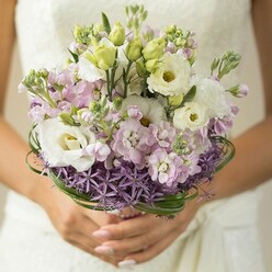 Delicate hues and gentle textures come together in this fresh spring bridal bouquet, skillfully designed by a local Golders Green florist. The arrangement is a soothing palette of creamy whites, pale pinks, and soft lilacs, each flower carefully nestled to evoke both grace and celebration. Prominent white lisianthus blossoms unfurl in ruffled layers, their pale yellow-green centres glistening quietly; around them, unopened green buds provide hints of promise and new beginnings. Fluffy clusters of pink and lavender stock spill outward, adding frothy depth, while sculptural purple allium stars form a unique collar at the base, reflecting Golders Green's lively spirit and nearby Hampstead Heath's wildflower charm. Slender loops of lush bear grass wind softly above the allium, lending architecture and contemporary appeal without overpowering the pastel romance above. The hands that hold the bouquet are carefully manicured in a gentle neutral pink, framed by the delicate lace of an ivory gown just visible in the background. Bathed in gentle afternoon light, this bouquet blends traditional bridal elegance with a touch of local artistry, making it an exquisite choice for Golders Green weddings and celebrations marked by heartfelt affection.