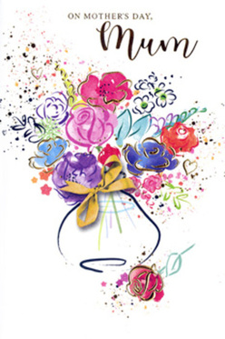 This artistic Mother's Day card presents a flourishing watercolour bouquet, painted with the softness of spring light over Golders Green's leafy streets. Clusters of vivid pink and cerise blossoms rise from the centre, their petals tipped in deep indigo for definition, while calmer shades of lavender, sky blue, and dusky purple weave gently between them. Fine threads of gold map out petals and stems, giving a subtle, glimmering outline that recalls the delicate shine of fresh ribbon on a hand-tied bunch. The flowers are gathered into a stylised vase, suggested more by gesture than strict lines, its rounded shape anchored by a refined golden bow that hints at thoughtful presentation and care. Around the main bouquet, tiny splashes of colour and scattered heart shapes flutter like petals caught in a breeze, creating an aura of celebration and affection. The brushwork is loose yet intentional, each mark layered so the colours bleed and blend in places, echoing the way real blooms nestle together in a vase on a windowsill near Brent Cross. The white background keeps the composition airy and bright, letting the bouquet appear almost weightless, as if it could lift off the page and into a waiting pair of hands. This card captures the emotion of Mother's Day in Golders Green: a mix of gratitude, joy, and quiet tenderness, like placing a freshly arranged bouquet on the table and watching a beloved mum's face light up.