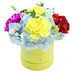 Seen from above against a clean white backdrop, this round gift box arrangement is a study in cheerful contrasts that reflects a florist's eye for balance and neighbourhood charm across Golders Green. Two full, lemon-yellow carnations command the center, their ruffled layers soft to the touch and luminous under diffuse light. Encircling them are abundant clusters of soft periwinkle hydrangea, whose tiny florets offer a cool, cloud-like cushion of pale blue with hints of white at the edges. To one side a bold magenta carnation brings a bright, dramatic flourish; to the other a velvety crimson-red carnation anchors the design with deeper emotion. Sprigs of fresh-green filler peek through the flowers, their crisp texture and subtle sap-scent reinforcing the sense of recently gathered freshness. The flowers emerge from a cylindrical pastel yellow hatbox, decorated with irregular pastel dots and small egg-shaped motifs in baby blue, blush pink and mint green-a playful detail that conjures spring markets and the cheerful windows of local cafés on Golders Green Road. The arrangement is compact yet overflowing, the domed form meant to be seen from all sides and to brighten a mantlepiece or bedside table. Gentle light skims the petals, highlighting ruffles, veins and the delicate layering of florets. This bouquet feels suited to celebratory moments-anniversaries, thank-yous, a hospital visit-or as a thoughtful surprise for someone who loves colour and texture, available to deliver across Golders Green and neighbouring Finchley for those quick, heartfelt gestures.