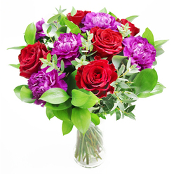 In this image, a beautifully arranged bouquet sits confidently in a cylindrical clear glass vase, its stems neatly aligned and visible through the water, like green brushstrokes on a translucent canvas. At the heart of the design are sumptuous red roses, each bloom at its peak and fully unfurled, with velvety petals that seem to glow from within, the colour reminiscent of a rich wine savoured in a cosy Golders Green restaurant. Interlaced between the roses are indulgent purple peonies, their ruffled, cloud-like petals creating a sense of movement and depth, catching the light in subtle variations of violet and plum. Surrounding these focal blooms is a generous halo of greenery: broad, glossy leaves that frame the flowers and add a sense of lush abundance, along with trailing stems of eucalyptus in soft, silvery green. The eucalyptus leaves arch gracefully around the arrangement, lending an airy, almost whispering quality, as if echoing the calm pathways of nearby Golders Hill Park. Gentle natural light plays over the bouquet from one side, heightening the contrast between the deep reds, the vibrant purples, and the fresh greens, while also casting delicate shadows on the table beneath the vase. The overall mood is celebratory yet refined, ideal for marking a promotion, an anniversary dinner just off Golders Green Road, or bringing a dash of romance into a sitting room. Imagining the scent, you can almost detect the classic sweetness of fresh roses blended with the softly green, restorative notes of foliage and eucalyptus, a fragrance that feels both embracing and uplifting.