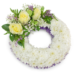 This dignified circular wreath, photographed against an immaculate white background, carries a quiet, consoling presence. Hundreds of small white chrysanthemum heads are tightly arranged to form a plush, continuous ring whose feathered petals seem almost to whisper when viewed close-up; the soft studio lighting accentuates the gentle scalloped texture and the subtle shadow in the wreath's open centre. A slender ribbon or fine purple mesh threads invisibly beneath the chrysanthemums and peeks out along the inner and outer rims, introducing a faint, elegant halo of lavender that deepens the composition without overwhelming it. Anchoring the upper-left arc is a considered cluster of three pale yellow roses, each unfolding with velvet softness and suggesting comfort and friendship. Intermingled are sprays of airy white gypsophila that give a light, cloud-like contrast and small spikes of muted purple statice that echo the ribbon's tone. Assorted greenery - glossy, broad leaves and delicate ferny fronds - provide sculptural balance and a fresh scent of cut foliage that one might remember from a walk through Golders Green on a cool morning. The arrangement reads as a calm statement of remembrance, crafted with the steadiness and care of a neighbourhood florist who knows the soft rituals of local memorial services at nearby chapels and cemeteries. It is a visual lullaby: refined, honest, and quietly hopeful in its palette of white, cream, purple, and green.