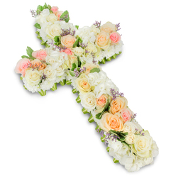 A serene, cross-shaped floral tribute fills the centre of a bright white frame, calling to mind the dignified services held in and around Golders Green. The cross is entirely composed of fresh flowers, with gently curved edges and balanced proportions that create a sense of stability and grace. A lush base of white and ivory blooms forms the foundation, built from closely clustered roses and voluminous hydrangea or similar fluffy filler flowers, giving the design a velvety, pillowed texture. On top of this, clusters of peach, apricot, and blush pink roses are thoughtfully placed along the vertical stem and arms of the Christian cross, creating warm accents that feel intimate and consoling. The roses vary in openness, some just budding and others fully unfurled, which adds natural movement and interest. Delicate touches of lavender or soft purple filler flowers are threaded subtly through the arrangement, introducing small, cool-toned highlights that refine the overall look without competing with the pastel tones. Gentle hints of fresh green foliage appear mostly around the outline of the cross and here and there between blossoms, emphasizing the shape and symbolizing life continuing beyond loss. The flowers are packed tight, demonstrating careful craftsmanship and the steady hand of a florist experienced with funeral tributes for local families in the NW11 community. Soft, diffused lighting illuminates each bloom, while a faint shadow beneath the cross anchors it against the white background. The impression is of a calm, reverent piece, designed to express faith, remembrance, and loving farewell at a funeral or memorial gathering.