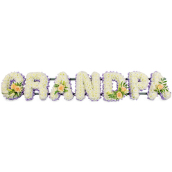 The word GRANDPA stretches confidently in a straight line, formed from seven generous, block-style letters, each one completely covered in tightly packed white chrysanthemums. These small, rounded flowers create a velvety surface that looks soft to the touch, their creamy petals overlapping until no gaps remain, a symbol of unwavering affection. Around the edge of every letter runs a fine trim of pale purple blooms, like a lavender shadow that gently outlines the shape of the G, R, A, N, D, P, and A, adding delicate colour without disturbing the calm, white heart of the design. At thoughtful intervals, clusters of accent flowers bring warmth and character: on the G, several peach-toned roses, some open and some still cupped, are tucked among slender white lily buds and rich green foliage, creating a focal point that draws the eye. The first A carries a single peach rose resting on a cushion of greenery, a quiet gesture of remembrance. The D mirrors the G with another tasteful grouping of peach roses and leaves, while the final A is touched with one last rose, giving a sense of balance from end to end. All seven letters are supported on a slim, dark framework that runs along their base, hinting at a sturdy construction designed for display at a funeral or memorial. The tribute is photographed against a stark white background, which enhances the purity of the white flowers and the soft lavender edging. It feels like a dignified, deeply personal sympathy arrangement that could be placed in a service room near Golders Green Crematorium, honouring a grandfather whose presence is still very much felt.