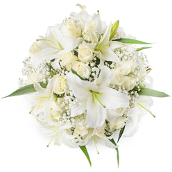 Captured from above against a seamless white backdrop, this compact, round bouquet centres on several expansive white lilies whose broad trumpets open to reveal pale green stamens and softly shaded throats. Surrounding the lilies are numerous cream and ivory roses, most kept in tight bud or gentle half-bloom so their layered petals form soft, concentric cushions. Interspersed throughout are clouds of white baby's breath, whose tiny star-like flowers create an ethereal, frothy infill that softens the bouquet's strong geometry. At the edges, fresh green leaves lift the silhouette with a crisp, verdant accent, their glossy surfaces catching a clean studio light. The overall effect is densely harmonious: a monochrome study in texture rather than colour, calm and impeccably finished.

As someone who arranges flowers for Golders Green clients, I picture this tied for a wedding at a nearby chapel or sent as a thoughtful token after a service at a local community hall; the lilies give a gentle, green-sweet fragrance while the roses add a warm, familiar perfume. This arrangement is carefully balanced to sit nicely in a bride's hands or to sit as a low, elegant table piece. Flowers Golders Green prepares stems with attentive care to maintain freshness and to preserve that satin petal feel; the result is a bouquet that reads as timeless and sincere, suitable for celebrations of new beginnings, quiet commemorations, or any occasion where pure white blooms speak with understated authority.