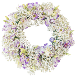 A serene, circular floral wreath fills the frame, suspended against a bright white background that makes every blossom stand out with crisp clarity. The wreath itself is densely woven from countless sprays of white Baby's Breath, each tiny flower forming a mist of softness, as though a thin veil of snow has settled around the ring. Rising from this airy base are elegant Lisianthus blooms, their petals layered and ruffled in a way that lends movement and depth. The Lisianthus are predominantly white, but their edges are kissed with purple-violet, some petals traced in delicate lavender, others carrying a deeper royal purple outline, so the colour seems to drift gently around the wreath like a subtle halo. A few buds and half-open flowers add notes of creamy yellow and soft green near the stems, capturing the sense of living growth within a composed, formal shape. The centre of the wreath remains completely open, a calm, empty circle that draws the eye inward and echoes the themes of eternity and ongoing love often expressed through funeral flowers. The lighting is soft and even, without harsh shadows, so textures of the Gypsophila and the smooth Lisianthus petals are clearly defined. This sympathetic design feels especially suited to a farewell service or crematorium ceremony in Golders Green, where families might want something gentle yet dignified delivered by a nearby florist. The pairing of pure white and refined purple creates a peaceful, contemplative mood, like a quiet pause in the middle of a busy North West London day, conveying comfort and respect without a single written word.