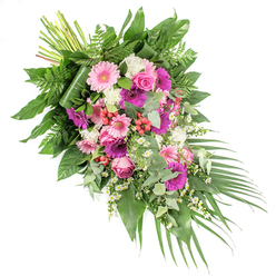A large, graceful funeral spray lies diagonally against a bright white backdrop, beginning with a thick bundle of stems at the upper left and tapering into a soft cascade of greenery at the lower right. The design feels both abundant and carefully controlled, dominated by gerbera daisies in shades of blush, pink, and rich magenta, their broad, daisy-like faces bringing a gentle brightness to the composition. Around them, pink roses unfurl in tight spirals, their layered petals suggesting quiet devotion, while clusters of fluffy white flowers, resembling miniature carnations or chrysanthemums, lend a cloud-like softness and a calm contrast to the stronger colours. Threaded among the main blooms are small white daisy-style flowers, perhaps chamomile or matricaria, which dance lightly through the arrangement like the tiny blossoms you might notice in the green spaces around Golders Green Crematorium. Bright red hypericum berries glisten in small sprays, adding rounded shapes and a deeper accent of colour that subtly anchors the eye. The flowers rise from a bed of rich foliage: broad, dark green leaves provide weight and structure, feathery ferns soften the outlines, and rounded sprigs of silvery eucalyptus weave through, hinting at a cool, clean scent. From the lower right, narrow palm fronds extend outward in long, elegant lines, reinforcing the sense of flow and movement. The overall impression is of a lovingly designed tribute, suitable as a casket spray or prominent funeral arrangement for services around Golders Green and nearby Hendon, created to express sympathy, gratitude, and an enduring connection to the one who has been lost.