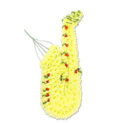 Against a crisp white backdrop, a large floral sculpture takes the unmistakable form of a saxophone, rendered entirely in fresh, vivid blooms. The main body is packed tightly with hundreds of bright yellow chrysanthemum heads, each tiny flower head pressed closely to the next to form a plush, almost fabric-like surface that curls gracefully from the mouthpiece down to the bell. Scattered along this golden pathway are clusters of small red roses and buds, carefully placed where the keys would lie, so they read as both decoration and detail, like little bursts of music frozen in time. Deep green foliage, including fine tendrils of vine and perhaps ivy, winds in and out between the yellow petals, accenting the curves around the neck and lower bell, and subtly carving out the shape so it is recognisable even from a distance. Slender wires and support stems can be glimpsed near the top of the design, lifting slightly upward from the mouthpiece area like a quiet suggestion of sound or breath leaving the instrument. The colours feel warm and uplifting: sunny yellow symbolising joy and remembrance, balanced by the dignified scarlet of the roses. Imagined as a tribute prepared for a farewell service in Golders Green, perhaps after a life spent playing in local bands or at gatherings along Finchley Road, it conveys both celebration and loss. The design seems to radiate a soft, imagined fragrance, fresh and green, and the craftsmanship speaks of patience, care, and an intimate understanding of how flowers can echo a person's passions, especially when music is at the heart of their story.