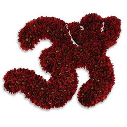 A reverent floral offering shaped into the sacred Om symbol, created entirely from dense clusters of deep red chrysanthemum button blooms. The petals form the curves and flourishes of the syllable with remarkable care, each tiny flower aligned so the symbol holds both structural integrity and the soft, velvety surface associated with fresh chrysanthemums. The crimson tone is warm and full, reminiscent of ripe garnet, and here and there the flowers reveal small, bright green centers that punctuate the red mass and lend a living contrast to the composition. Laid against an immaculate white background, the Om rests in calm clarity; a soft, diffuse gray shadow beneath gives the piece a gentle lift, as if it were raised on a low platform for a ritual table or shrine. Up close one can almost sense the earthy, faintly sweet scent of chrysanthemums, a quiet stabilising presence that suits moments of consolation, remembrance, or devotional practice. The craftsmanship speaks to a floral artist accustomed to making sympathetic tributes for local communities, mindful of space and ritual, whether for private ceremony in a nearby community hall or as a comforting focal piece delivered to a home in Golders Green. This creation is more than decorative; it is an offering of solace and steady beauty, intended to hold space for reflection, mourning and gentle healing.