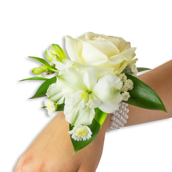 This wrist corsage, photographed against a crisp white background with the arm entering from the lower right, captures a refined moment of floral craft familiar to Golders Green celebrations. A creamy, full-bloom ivory rose takes centre stage, its satin-soft petals unfurling in layers that catch a soft northern light. Below and slightly left, a broad, trumpet-shaped white alstroemeria (or similar lily-like bloom) opens to reveal a subtle green-yellow throat, lending depth and a quiet architectural line to the design. Scattered throughout are small green buds - a promise of blossoms to come - and delicate clusters of gypsophila that breathe a cloud-like texture into the arrangement. A cluster of dainty daisy-style white florets with bright yellow centres sits low and sweet, giving the corsage a gentle, nostalgic accent.

The flowers are set against several glossy, deep-green leaves with smooth, waxy surfaces that create contrast and fullness. The ensemble is fastened with a multi-strand pearl bracelet of uniformly round, luminous faux pearls; the band slips on comfortably and adds classic refinement against the skin. As a local florist servicing Golders Green Road, Finchley Road and nearby Hampstead areas, we often choose this calming white-on-green palette for weddings, prom nights, and celebratory galas where understated elegance matters. The scent is fresh and mildly powdery, the touch cool and lush - a wearable blossom that feels both ceremonial and lovingly personal. Flowers Golders Green prepares these with care for same-day collection and neighbourhood delivery when requested.