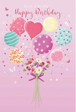 This birthday card illustration feels like a light breeze passing through Golders Green on a bright afternoon, transforming a simple greeting into a poetic bouquet in the sky. The background is a soft, velvety pink, providing a calm stage for a cluster of pastel balloons that appear to carry a petite hand-tied bouquet upward. Each balloon has its own character: some are wrapped in twirling ribbons of colour, others wear playful polka dots or sweet florals, while one stands out with a heart-shaped silhouette that seems to radiate affection. The colours-gentle pinks, seafoam greens, lemon yellows, and lilacs-blend harmoniously, echoing the serene tones you might see in the spring borders of Golders Hill Park. Below, at the base where the strings gather, sits a bouquet of miniature roses and daisy-like blooms in cream, blush, and soft mauve, their velvety petals layered and full, as though freshly picked for same-day delivery from a local Golders Green florist. A neat violet satin bow cinches the stems, adding a final flourish of care and craftsmanship. Scattered stars and tiny butterflies drift through the scene like birthday confetti caught in the air over a family celebration on Golders Green Road. The lighting feels gentle and diffused, illuminating the balloons so they appear glossy and light, while the flowers glow with a soft, natural warmth. Altogether, the composition speaks of joy, tenderness, and that quiet excitement that comes with being truly remembered on your birthday.