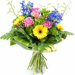 A lush, professionally arranged bouquet of fresh flowers is shown standing tall against a clean white background, allowing every colour and detail to stand out. At its heart are generous pink roses, their softly spiralling petals opening into full, rounded blooms that suggest affection and easy romance. Interwoven among them are cheerful yellow gerbera daisies, each one with a prominent dark brown centre that anchors the arrangement and adds a modern graphic touch. Stretching above the main cluster, elegant stems of deep blue delphiniums climb skyward, their layered florets creating a column of cool colour that feels reminiscent of a clear Hampstead sky seen from nearby Golders Green. Encircling the flowers, layers of greenery provide a rich, textural backdrop: delicate fern fronds unfurl at the edges, while smooth, broad, dark green leaves with hints of lighter striping are wrapped around the lower section of the bouquet to form a polished, sculptural collar. Throughout the design, bright green, slightly domed filler foliage fills gaps between the larger blooms, giving a plush, almost moss-like texture and enhancing the bouquet's fullness. Slender stems tipped with tiny green buds reach upward from the centre, adding an airy, just-picked freshness, as though the flowers had come straight from a local garden off Finchley Road. The stems below are neatly aligned and bound with a simple natural tie, clearly revealing this as a hand-tied arrangement, ready to be gifted or delivered to homes and businesses around Golders Green. The overall impression is of a joyful, contemporary bouquet that blends romance with bright optimism, ideal for birthdays, congratulations, or simply bringing colour into a quiet corner.