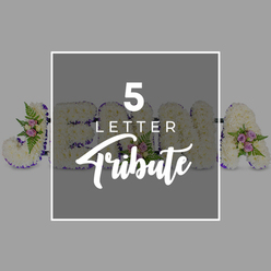 This image presents a lovingly crafted five-letter floral tribute, the kind of personalised sympathy arrangement often requested by families in Golders Green who wish to honour a name or simple word with grace. Set against a smooth, light grey background, the letters rest in a neat horizontal line, each one shaped from a dense covering of crisp white chrysanthemums or carnations. Their petals form a soft, cushion-like texture that seems almost to glow under the gentle, even lighting. A narrow band of deep purple satin ribbon runs around the edge of every letter, lending definition and a subtle sense of ceremony, reminiscent of the quiet dignity surrounding services held near Hoop Lane and the local crematorium. Interspersed through the white flowers are delicate groupings of pale pink and lilac-toned spray roses, partnered with airy fern leaves and small sprigs of greenery. These accents bring a gentle flush of colour and a suggestion of fresh, garden fragrance, evoking early spring walks through nearby parks. The partially visible letters suggest the word "JOHN" along with an "A," indicating how a five-letter tribute can be tailored to an individual's name. At the centre of the composition, a square grey overlay-just a shade deeper than the background-sits within a white border. On it, the number "5" and the word "LETTER" appear in bold white capitals above the flowing script of "Tribute," clearly defining the arrangement's purpose. The overall mood is tender and composed, capturing how a customised floral letter display can offer comfort and a deeply personal farewell for a funeral or memorial service in the Golders Green area.