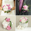This photograph shows a thoughtfully coordinated wedding floral collection, styled with an air of gentle elegance that would feel at home in any Golders Green ceremony, from a synagogue off Golders Green Road to an intimate gathering near Hampstead Garden Suburb. The main focus is the bride's bouquet, a rounded, hand-tied cluster of lush cream peonies and blush and magenta roses. Their petals are soft and velvety, with ruffled centres that seem to unfurl slowly, giving the bouquet a sense of movement. Interwoven throughout are delicate sprays of white gypsophila, like tiny stars scattered between the larger blooms, softening the edges and adding a dreamy texture. Rich, glossy green leaves cradle the flowers, creating a smooth frame and grounding the pastel tones with fresh, natural depth. Close by, a coordinating groom's boutonnière lies ready to be pinned, featuring a single lilac rosebud accented with a light dusting of baby's breath and a hint of feathery foliage, all secured with a narrow, satin-finish lavender ribbon. The lighting is gentle and flattering, suggesting a calm indoor setting before guests arrive, perhaps on a quiet residential street near Temple Fortune. The overall impression is one of poised romance and heartfelt intention, as though these flowers have been carefully crafted to hold the emotions of the day-hope, tenderness, and the quiet thrill of commitment-within every petal and stem.