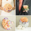Taken together, the four panels feel like a small wedding album from a florist's hands: the top-left captures the bride holding a compact, rounded bouquet of full peach roses whose petals curve inward like small promises, each rose set against a ring of white lisianthus with striking purple edges and dustings of baby's breath; the stems are wrapped invisibly in blush ribbon so the flowers read as a single, glowing object in her palms. Top-right shows the groom's boutonniere pinned neatly to a charcoal jacket-one peach rose the size of a confident accent, softened by airy baby's breath, a whisper of green foliage and a tiny peach bow that ties visually to the groom's solid peach tie beneath the lapel. Bottom-left reveals a slightly smaller hand-tied posy laid on neutral textured fabric, trimmed with blush ribbon and dotted with pearly pins, a likely bridesmaid or toss bouquet echoing the main arrangement's palette. Bottom-right is a reception centerpiece: a dome of matching peach roses, purple-edged lisianthus and baby's breath arranged in a white woven basket-like vase, the light passing through its open weave and catching two small decorative woven spheres beside it. As a Golders Green floral studio, Flowers Golders Green would describe the scent as soft and early-summer-apricot sweetness with a faint green lift-balanced, elegant and rooted in local, seasonal freshness.