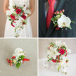 This elegant quartet of wedding florals presents a unified palette of scarlet, pure white and deep green across four coordinated compositions: a cascading bouquet for the bride, two intimate boutonniere views for the groom, and a sculpted table arrangement. The first panel shows the bride from mid-torso, clutching a voluminous bouquet against a soft beige background; open white lilies with star-like petals and clustered red roses form the heart, while lustrous white phalaenopsis orchids tumble downward, creating a gentle cascade. Specks of white baby's breath and vivid red hypericum berries are interspersed among varied foliage, the mix catching soft natural light that highlights textures-from satiny orchid petals to the velvety rose heads and the tiny, waxy berries. The second panel focuses on a boutonniere set against a charcoal suit lapel, where a single white phalaenopsis bloom is paired with two small clusters of red hypericum, tiny white gypsophila and a slender loop of matching red ribbon tied neatly at the base. The third, a close-up of a pinned corsage laid on textured cream linen, emphasizes the tactile contrasts-a smooth orchid, glossy leaves and feathery baby's breath-inviting the memory of a fresh, garden-like fragrance. The final panel displays a compact centerpiece in a decorative white woven vessel on a crisp table, flanked by white spherical decor; it echoes the bridal palette with lilies, roses and trailing orchids, finished with wispy greens. The imagery suggests a carefully curated wedding aesthetic suited to intimate ceremonies in leafy Golders Green neighbourhoods.