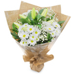 A serene, hand-tied bouquet of white blossoms stands upright against a clean white backdrop, its composition speaking of quiet care and simple elegance. At the heart of the arrangement a generous cluster of daisy-like white chrysanthemums radiates with many fine petals around soft yellow centers, giving the bouquet a cheerful, classic presence. Interspersed among them are several elongated, pale green-to-yellow lily buds - a few faintly striped - that remain mostly closed, promising future unfurling and lending an air of poised anticipation. Wisps of delicate white baby's breath (Gypsophila) float between the larger flowers like clouds, softening edges and adding an ethereal, lace-like texture. Deep, glossy green leaves and verdant stems frame and lift the blooms, creating a vivid contrast that makes the whites appear even crisper in soft, diffused light. The flowers are gathered and wrapped in an inner layer of crinkled brown kraft paper for an organic, rustic touch, with a clear cellophane outer wrap that catches subtle reflections and protects the heads while allowing the bouquet's structure to show through. The base is neatly gathered and tied, forming a tidy, portable stand for carrying. There is a faint, clean scent - a fresh, leafy green note with the soft sweetness of the chrysanthemums and a subtle grassy hint after rain - that suits moments of celebration, solace, or thoughtful congratulations. This bouquet's quiet palette and balanced textures make it suitable for birthdays, new beginnings, sympathy, or a gentle thank-you; it reads as an honest, well-made offering from a neighbourhood florist, ready to convey sincerity in any small but meaningful moment.