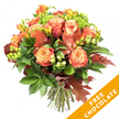A lush, hand-tied autumn bouquet photographed against a crisp white backdrop, radiating warm peach, coral and orange tones. At its heart sit large, fully opened roses whose centres glow soft apricot and peach, graduating to deeper coral and russet at the outer petals; some roses remain in elegant bud form so the composition breathes with life. Bright orange and yellow freesia weave through the blooms, their delicate trumpets lifting the arrangement with a light, fragrant punctuation. Deep, glossy green leaves form a verdant foundation while finer chartreuse sprigs and clusters of lime-green hypericum berries add bright, tactile contrast. Small, tightly packed bright-green florets-reminiscent of Santini chrysanthemums-create pockets of fresh texture and visual depth. Scattered among the flowers are several deep reddish-brown oak and maple-like leaves, their lobed shapes and matte surfaces giving an unmistakable nod to the season. The stems are neatly trimmed and bound at the base with natural twine, the hand-tied finish visible and ready for a vase. Gentle, soft lighting reveals the velvety petals, the waxy sheen of berries, and the crisp structure of the foliage, while subtle shadows emphasize the bouquet's layered depth. A bold diagonal orange banner overlays the bottom right corner of the image, with large white lettering that reads FREE CHOCOLATE, indicating an added seasonal treat with purchase. This arrangement feels like a warm invitation-perfect as a Thanksgiving centrepiece, a birthday gift, or a thoughtful surprise to bring autumn into a Golders Green home, hand-crafted with the attentive touch of a neighbourhood florist.
