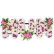 A three-dimensional floral tribute spelling the letters MUM, photographed against a clean white background so every texture reads clearly. Each letter is built from a dense, cloud-like base of pristine white chrysanthemum heads, their soft, papery petals packed tightly to form a plush surface that suggests warmth and gentle comfort. Throughout the white base sit measured accents of deep magenta and purple spray blooms, small pom-pom chrysanthemums or spray carnations that create a subtle patterned rhythm and lift the composition away from pure monochrome. Bright pink spray roses act as tender focal points: one small cluster nestles at the upper left of the first M, a larger bouquet of several pink roses fills the lower curve of the U, and a matching cluster decorates the upper right of the final M. Around these rose groups the designer has slipped rich, dark green foliage - fern fronds and glossy leaves - giving the piece depth, shadow and a fresh, cool counterpoint to the warm pinks. Tiny blue accent flowers, like cornflower or larkspur sprigs, are dotted sparingly to catch the eye and add an unexpected cool note. A discreet dark horizontal bar runs behind the letters, holding them together and giving the arrangement structural poise without distracting from the blooms. The overall mood is one of tender remembrance and quiet celebration: the tactile whites suggest innocence and memory, the pinks convey love, and the magenta speckles add dignity. As crafted in Golders Green, this tribute reads as a thoughtful, personalised memorial suitable for a funeral, wake or remembrance service, created with attention to scent, texture and lasting visual impact.