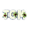 A serene, handcrafted memorial spells the name TOM in generous, three-dimensional letters formed from tightly packed, pristine white chrysanthemums. Each puffed bloom nestles close to its neighbour, creating a pillowy, luminous surface whose soft texture reads as calm and consoling against a stark white backdrop. Around the crisp contours of every letter, a narrow royal blue ribbon traces each curve and corner with a clean, satin sheen, the cool blue providing a refined outline that makes the white flowers read even brighter beneath soft studio light. Within the body or lower portion of each letter, a small, symmetrical spray is planted with intention: a single deep red rose takes the focal point, its velvety petals suggesting love and remembrance, while tiny creamy-white spray roses and delicate buds gather around it to add quiet contrast. Slender fern fronds and glossy green foliage weave through the sprays, introducing a cool, evergreen texture and subtle depth to the composition. Visible just beneath the base, a dark green metal support bar keeps the letters upright and discreetly anchors the tribute for display at a chapel, crematorium, or funeral home near Golders Green. The overall impression is dignified and tender - a classic sympathy tribute designed to comfort mourners and honour a life with gentle craftsmanship and thoughtful, local care in Golders Green and neighbouring Hampstead Garden Suburb.