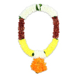 This image shows a traditional artificial funeral garland that resembles the malas commonly used in Hindu and South Asian tribute rituals, presented clearly against a seamless white background so every colour and texture is easy to imagine. The garland curves into a welcoming U-shape, evoking how it would rest tenderly when used to honour a loved one, whether draped over a framed photograph or gently placed in a temple setting in Golders Green. At the top sits a luxuriously full band of snow-white petals, each one soft and feathery, layered closely to create a sense of purity and spiritual light. Here and there, discreet accents of fresh green foliage appear, bringing a lifelike quality that recalls the natural greenery dotted around Golders Green's residential streets and nearby parks. As the garland falls downward, the pure white segments deepen into rich maroon clusters, their brick-red tones and tightly packed petals adding solemnity and depth, fitting for a moment of remembrance. These maroon sections gradually blend into wide sweeps of bright yellow petals at the lower arc, whose gentle radiance feels like a quiet blessing rather than a festive note. Near the bottom, slender white petal bands re-emerge on both sides within the yellow, providing a soft visual pause and balance. From the very centre of the base hangs a large, rounded pendant made entirely of vivid orange petals, shaped into a generous pom that suggests the form of a marigold bloom: full, textured, and ceremonially bold. Every artificial petal is placed with care to echo the appearance of fresh flowers, making this garland a thoughtful choice for funeral tributes, memorial services, or temple offerings, including same-day sympathy deliveries arranged by Flowers Golders Green for families within the local community.