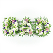 Three bold floral letters arranged in a neat horizontal row spell out DAD, forming a classic funeral tribute captured against a clear white background so every detail stands out. Each letter is completely filled with fresh white blossoms, mainly plump chrysanthemums and open-faced gerbera daisies, their petals overlapping to create a soft, cushion-like texture that feels gentle and comforting. Mixed among these are smaller white blooms such as lisianthus and spray roses, their buds and half-open flowers adding grace and intricacy. The outlines of the letters are defined by an abundant border of green foliage, primarily delicate fern fronds and other glossy leaves, which give a strong, clean shape and a sense of natural vitality, reminiscent of the greenery around the residential streets of Golders Green and nearby Hampstead. Here and there, accents of colour are woven through the white: bright green button chrysanthemums for a fresh lift, and deeper notes of purple in the form of small violet blooms or spray carnations that bring an air of quiet dignity. Softer lavender and mauve roses and carnations are thoughtfully tucked in, lending warmth and a touch of tenderness, like whispered words of thanks or farewell. The light falling on the arrangement is bright but gentle, allowing the whites to glow without glare and ensuring the greens and purples remain rich and true. This DAD tribute has a timeless, traditional feel, the kind of personalised sympathy arrangement a family might choose in Golders Green for a funeral service or graveside memorial to honour and remember a beloved father.