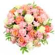 A full, domed bouquet of roses and spray carnations sits elegantly against a pure white background, its pastel colours blending in a soothing, romantic palette that feels right at home in Golders Green. The arrangement is densely packed, so the blooms form a rounded, cushion-like mass that almost hides the low container beneath. Large roses are opened to perfection, their velvety petals spiralling outward in tones of creamy white, warm ivory, peach, coral, and soft salmon pink, each shade melting into the next. Between them, clusters of light pink spray carnations provide gentle texture, their many ruffled petals giving a soft, cloud-like effect. Delicate greenery with slim, pointed leaves threads through the flowers, adding just enough fresh green to keep the composition lively and balanced. Even, bright lighting bathes the bouquet, highlighting every curve and ripple of the petals so that you can imagine their satin-smooth feel and subtle fragrance. The mood is one of cheerful elegance and heartfelt care, ideal for a Mother's Day surprise, a congratulatory gift, or a romantic gesture delivered to a home near Golders Hill Park or along the quieter residential lanes off Finchley Road. Created in the style of a skilled local florist, this arrangement would look perfectly at ease on a polished dining table, a bedside cabinet, or a sunny windowsill, bringing a gentle sense of celebration and warmth to everyday life in Golders Green.