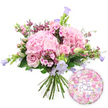 Captured against a brilliant white background, this birthday-themed arrangement highlights a hand-tied bouquet in soft pinks and lilacs, accompanied by a cheerful foil balloon. The bouquet is full and rounded, its heart formed by large, plush heads of blush pink hydrangea whose many small petals cluster into pillowy domes. Interspersed among these hydrangeas are pink roses and petite spray roses, at different stages of opening: some are fully bloomed, exposing tightly layered, velvety centres, while others remain in compact buds, suggesting days of beauty to come. Fine sprays of darker fuchsia or magenta waxflowers weave through the larger blooms, their tiny, star-like flowers and slender stems bringing lively texture and deeper notes of pink. Gentle height is added by bell-shaped campanula flowers in pastel lavender and periwinkle, their upward-facing bells giving a sense of lift and cool contrast. Surrounding greenery frames the bouquet with fresh, leafy shapes, evoking the calm, leafy character of the streets and gardens around Golders Green. The stems at the base are neatly gathered and left visible, making it clear that this is a professionally tied bouquet ready to slip into a vase. To the lower right, a round, metallic Happy Birthday balloon reflects the light softly. Its surface is decorated with a fine, all-over pattern of little roses and buds in pink, cream, and lilac, echoing the colours of the flowers. Across the centre, in graceful purple script, the words Happy Birthday are clearly written, finishing the image as a complete, loving birthday gift perfect for local delivery in Golders Green.