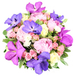 This refined arrangement by Flowers Golders Green is presented from an overhead perspective, densely packed with pink peonies, purple orchids, pink spray roses, and creamy ivory to pale yellow roses, finished with delicate white filler blooms and lush greenery. The peonies form a soft, cloud-like mass, their petals opening in layers that catch the light, while the violet-patched orchids arc above with a regal, marbled elegance. The spray roses weave through the composition, adding light, romantic swirls, and the creamy roses provide a steady, timeless contrast. White filler blooms spark brightness, and the broad variegated leaves frame every bloom, bringing fresh greens and a polished finish. This bouquet reads as modern luxury with a romantic core, ideal for impressive gifts, wedding décor, or special celebrations. It conveys a sense of fresh, premium floristry ready for same-day delivery across Golders Green, Cricklewood, Hendon, and surrounding areas, and would make a striking centerpiece for a birthday brunch or a thoughtful gift for a loved one in the local community.