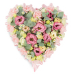 On a simple white background, a meticulously crafted heart-shaped floral tribute draws the eye with its gentle pastels and rich texture, conveying both tenderness and strength. The heart's outline is formed by a dense ring of pale pink carnations, each blossom soft and full, overlapping in a way that creates a plush, almost quilted border. Woven along this edge is a soft pink satin ribbon, its sheen subtle yet noticeable as it traces the curves of the heart and finishes in carefully tied bows at the upper dip and lower tip, adding a sense of ceremony and care. Inside this border, the heart is abundantly packed with flowers. Open blooms of pink lisianthus, with their ruffled, almost rose-like petals, provide a focal rhythm throughout the design, their richer pink tones gently balanced by clusters of creamy ivory and light yellow spray roses or similar small-headed flowers. These paler blooms lend warmth and a quiet radiance that feels comforting rather than bold. Sprinkled throughout are miniature white daisy-like flowers with sunny yellow centres, evoking a soft meadow feel and giving the arrangement a touch of innocence and purity. Threads of silvery-green eucalyptus, their rounded leaves smooth and cool in appearance, weave among the petals, joined by deeper green foliage that adds contrast and depth, preventing the pastel palette from feeling washed out. Crafted with the sensitivity of a local Golders Green florist familiar with the needs of families at nearby funeral homes and chapels, this heart-shaped arrangement is an ideal tribute for funerals, memorials, or graveside services, expressing enduring love, gentle remembrance, and heartfelt sympathy in a beautifully composed floral embrace.