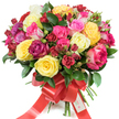 A richly hued, hand-tied bouquet of premium roses sits against a crisp white background, its rounded, domed profile packed with blooms that feel both abundant and refined. Bright, sunlit yellow roses catch the eye alongside creamy ivory petals, while a full spectrum of pinks-from whisper-soft blush to vivid fuchsia and delicate bicoloured pink-and-white edges-spirals outward into a pleasing, rhythmic composition. Deep burgundy and true red roses and clusters of smaller spray roses add shadowed depth, while tight, fresh rosebuds provide contrast and the sense of flowers at several stages of opening. The petals read as silky and dewy under soft studio light; their layered textures invite the fingertips to trace each curve. Dark, glossy foliage-likely ruscus or salal-threads through the arrangement, its cool green tones sharpening the warmth of the roses and creating a verdant frame. At the gathered base, long stems are neatly bound with a wide, bright red satin ribbon tied into a generous bow whose tails tumble down, and a small white gift tag tucked into the knot bears the seasonal words Happy Holidays. The overall effect is joyful and celebratory, a bouquet that smells faintly of citrus-edged rose perfume and radiates warmth. Imagined from an experienced local florist's eye, this arrangement would suit birthdays, anniversaries, or a festive surprise and reads as a thoughtful present ready for delivery around Golders Green, perhaps to sit on a dining table after a stroll through Golders Hill Park or to brighten a mantel by the tube station.