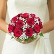 This bouquet, a centrepiece of bridal romance in Golders Green, glows with the richness of deep red roses-every petal luxuriously full and touched with velvety sheen. The flowers are tightly nestled, forming a harmonious dome punctuated by delicate clouds of baby's breath-tiny, star-like white blossoms that lend a misty, ethereal softness. The composition is accented by the occasional glance of vibrant green leaves at its base, subtly framing the roses and bringing a sense of lively freshness reminiscent of early summer in Golders Hill Park. Held securely by the bride's gently curved, manicured hands, the bouquet takes centre stage against the elegantly textured bodice of her white gown, which hints at lacework treasured in the area's bridal shops. A flowing sash drapes quietly along the gown's side, adding movement and grace. The scene is bathed in soft, natural light, with a softly muted cream background creating an intimate, tranquil atmosphere-capturing the hope and anticipation unique to wedding mornings in Golders Green. This elegant arrangement speaks of time-honoured love and celebration, carefully crafted for a day remembered for years to come.